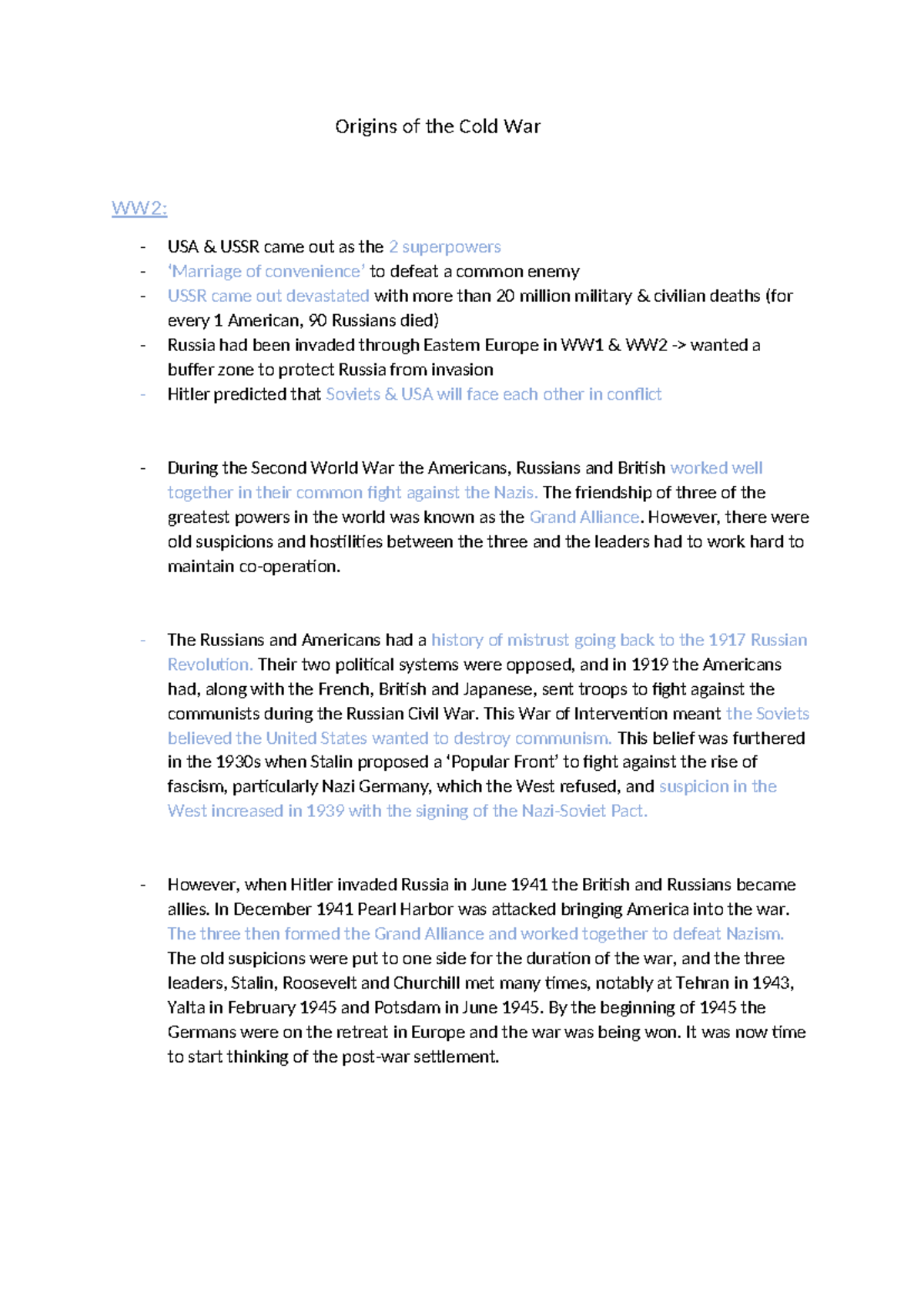 Origins of the Cold war - Origins of the Cold War WW2: - USA & USSR ...