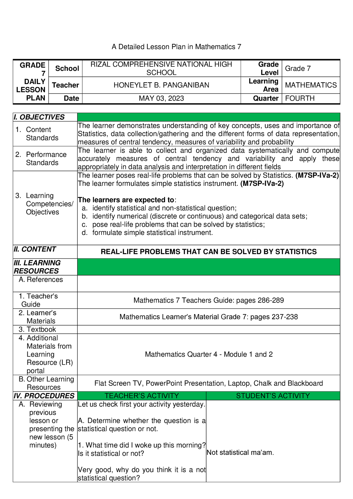 Honeylet DLP May 3 Pdf - Dlp - A Detailed Lesson Plan In Mathematics 7 ...