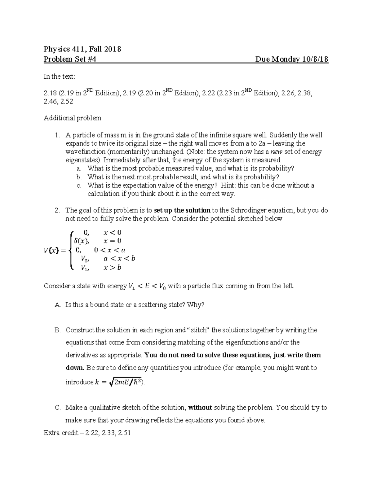 Fall 2018, Homework 4, Intro to Quantum - Physics 411 , Fall 2018 ...