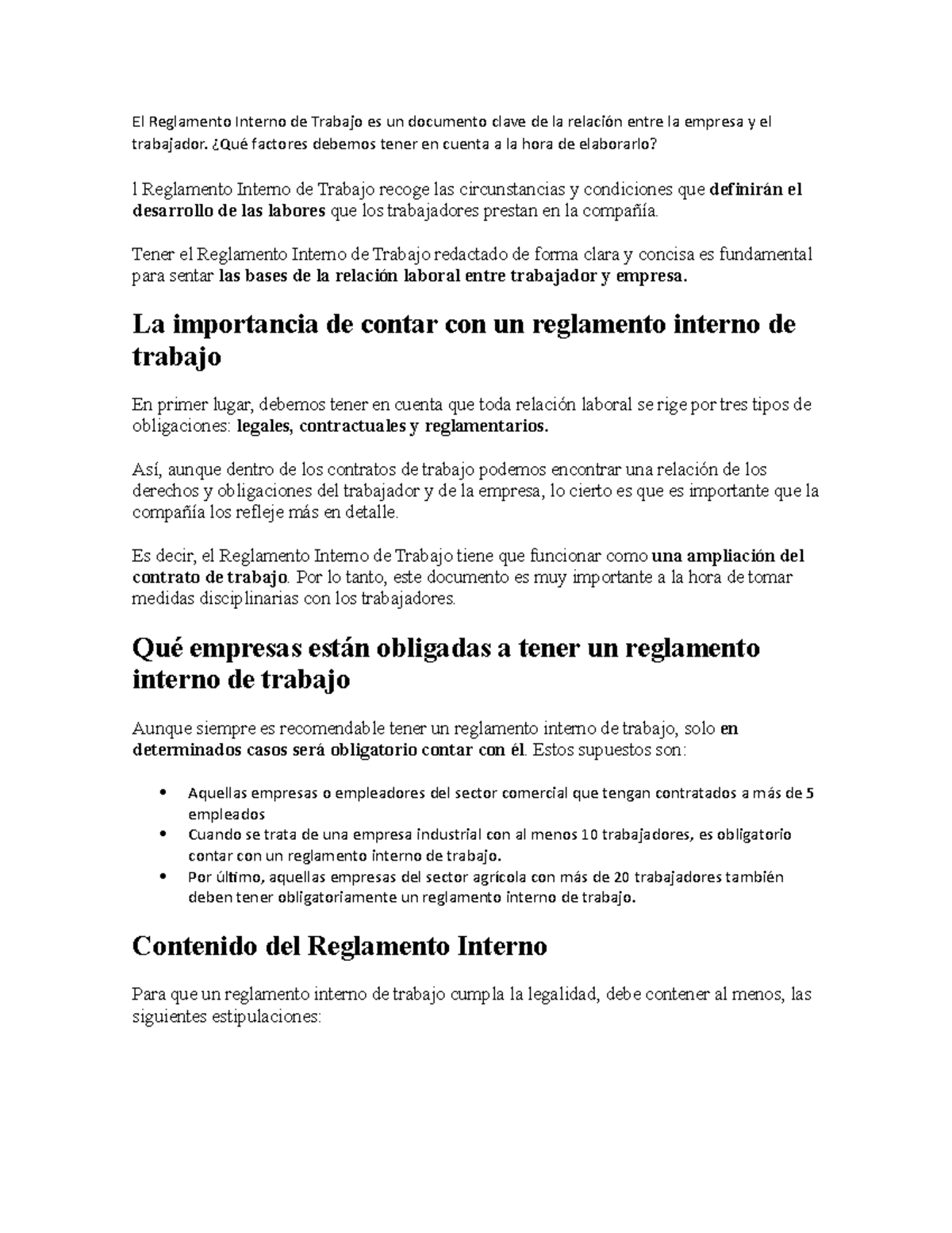 El Reglamento Interno de Trabajo es un documento clave de la relación ...