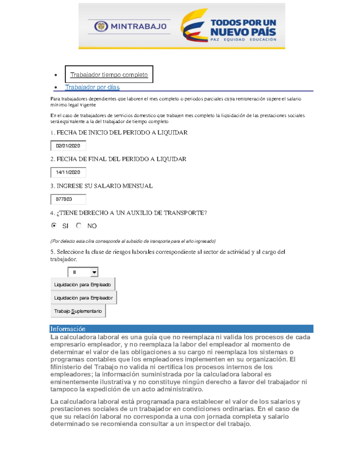 Liquidacion Salario Minimo -  Trabajador tiempo completo  Trabajador por  días Para trabajadores - StuDocu