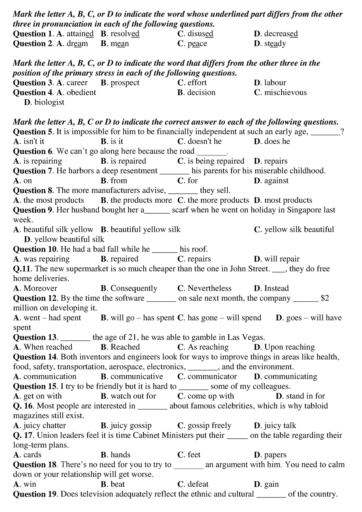 Đề 20 - Ôn Tập Tiếng Anh - Đề Tiếng Anh Số 20 - Mark The Letter A, B, C ...