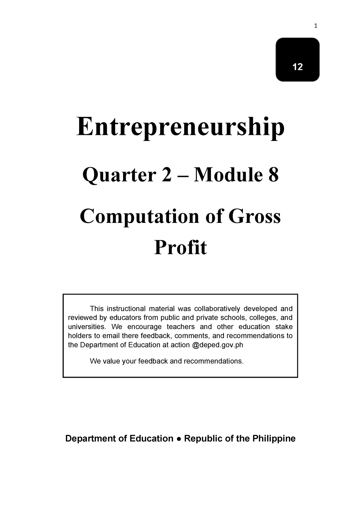 Entrep 12 Q2 Mod8 Computation-of-Gross-Profit v1 - Entrepreneurship ...