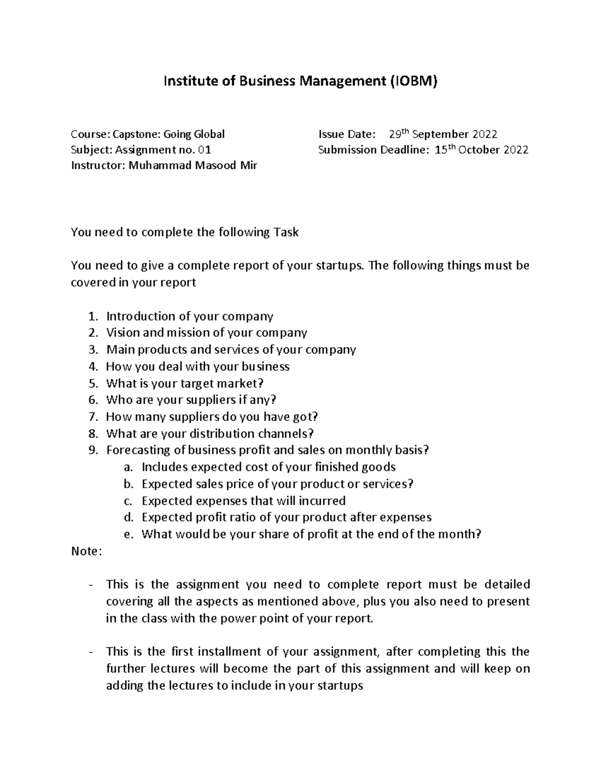 Assignment 01 - Institute of Business Management (IOBM) Course ...