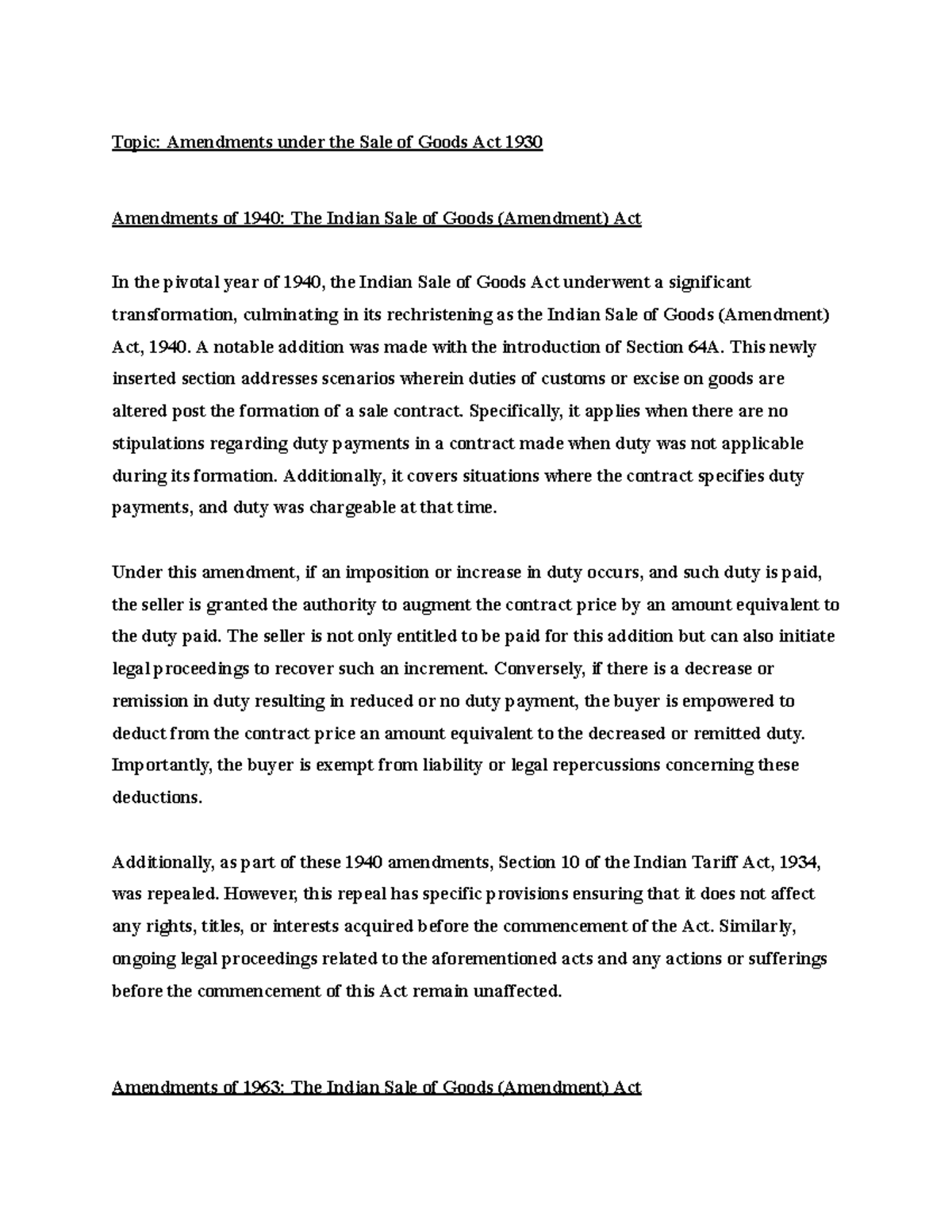 Amendments in Sales of Goods Act - Topic: Amendments under the Sale of ...