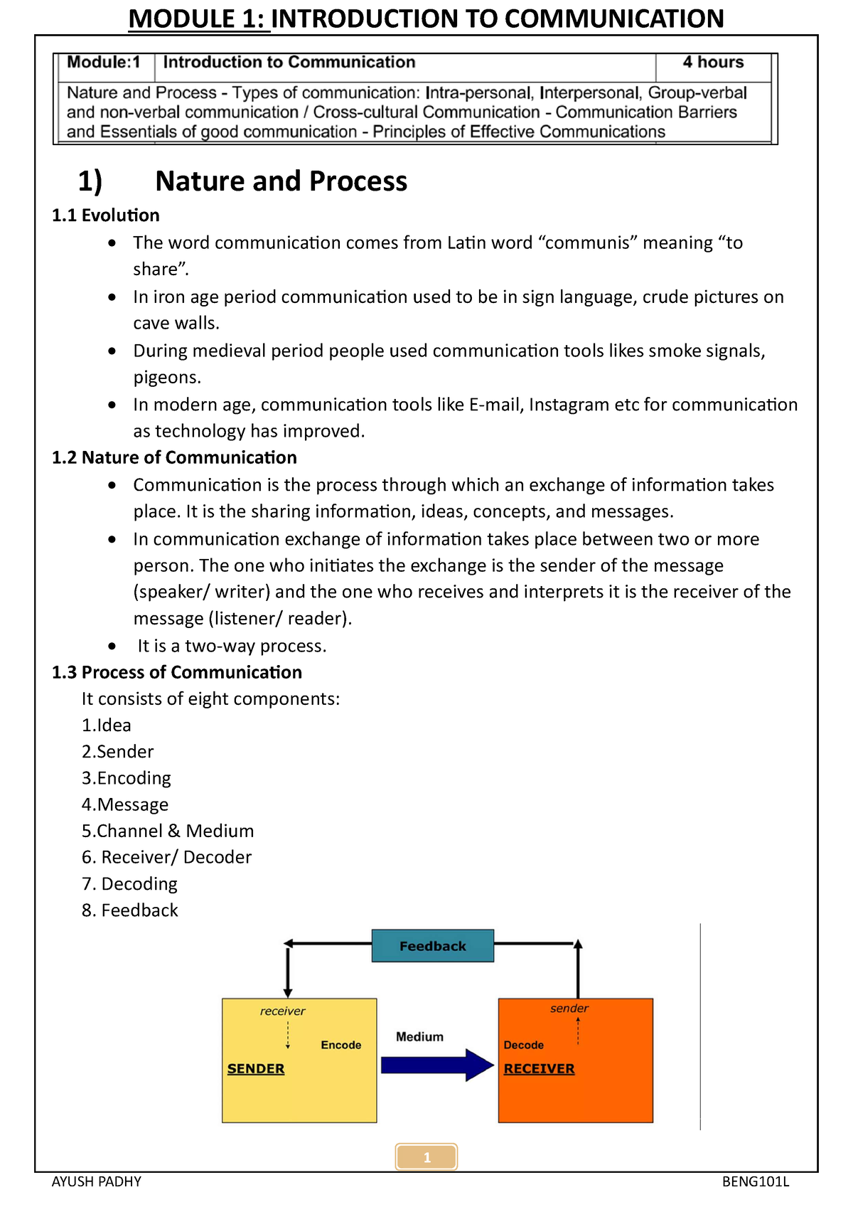 BENG101L MOD1 Communication Notes - 1 1) Nature And Process 1 EvoluƟon ...