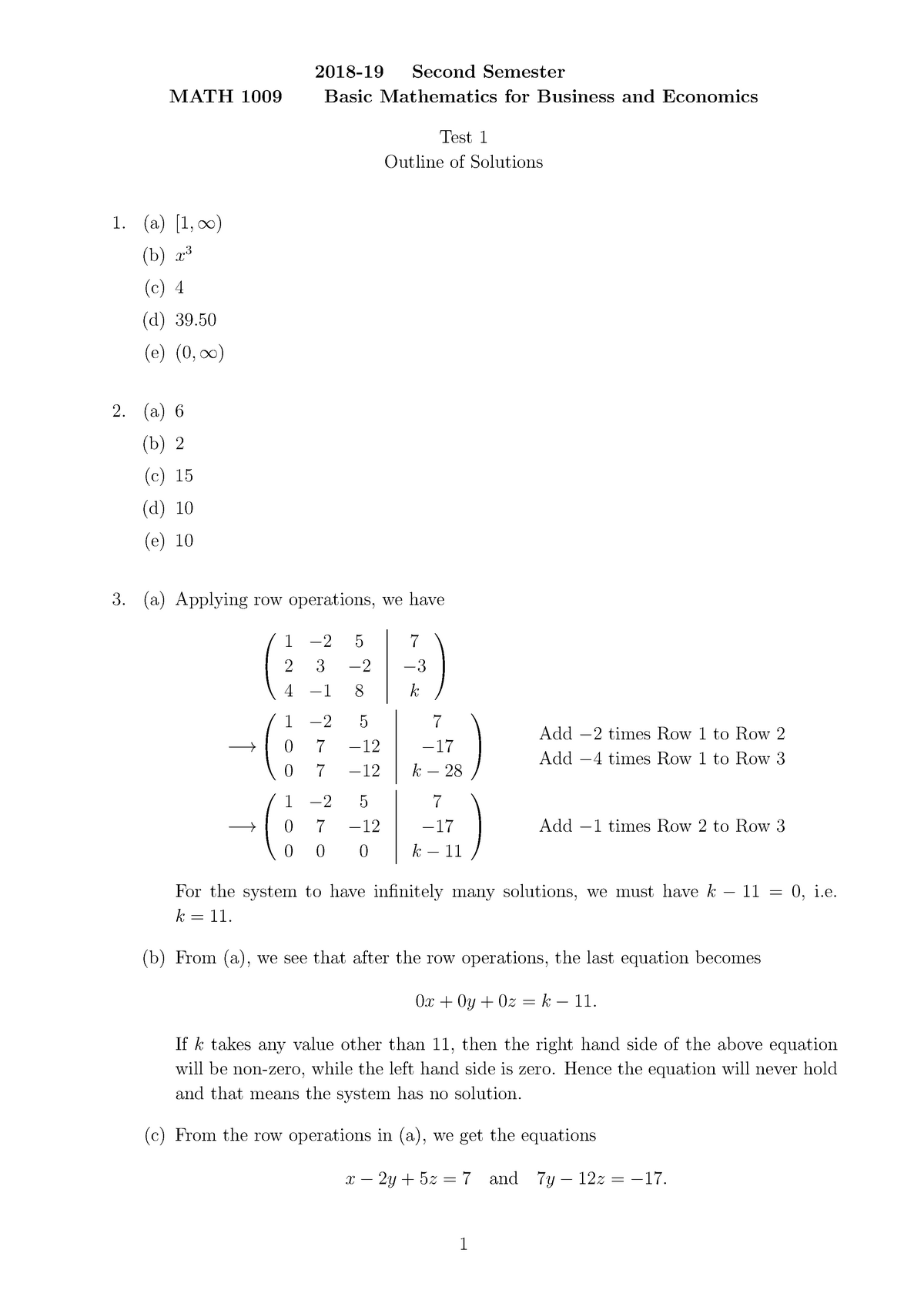 Test Questions And Answers MATH 1009 2018 19 Second Semester Basic 