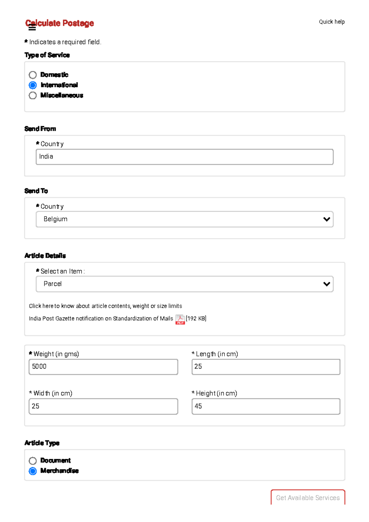 Belgium 5kg Delivery Calculate Postage Calculate Postage Quick help