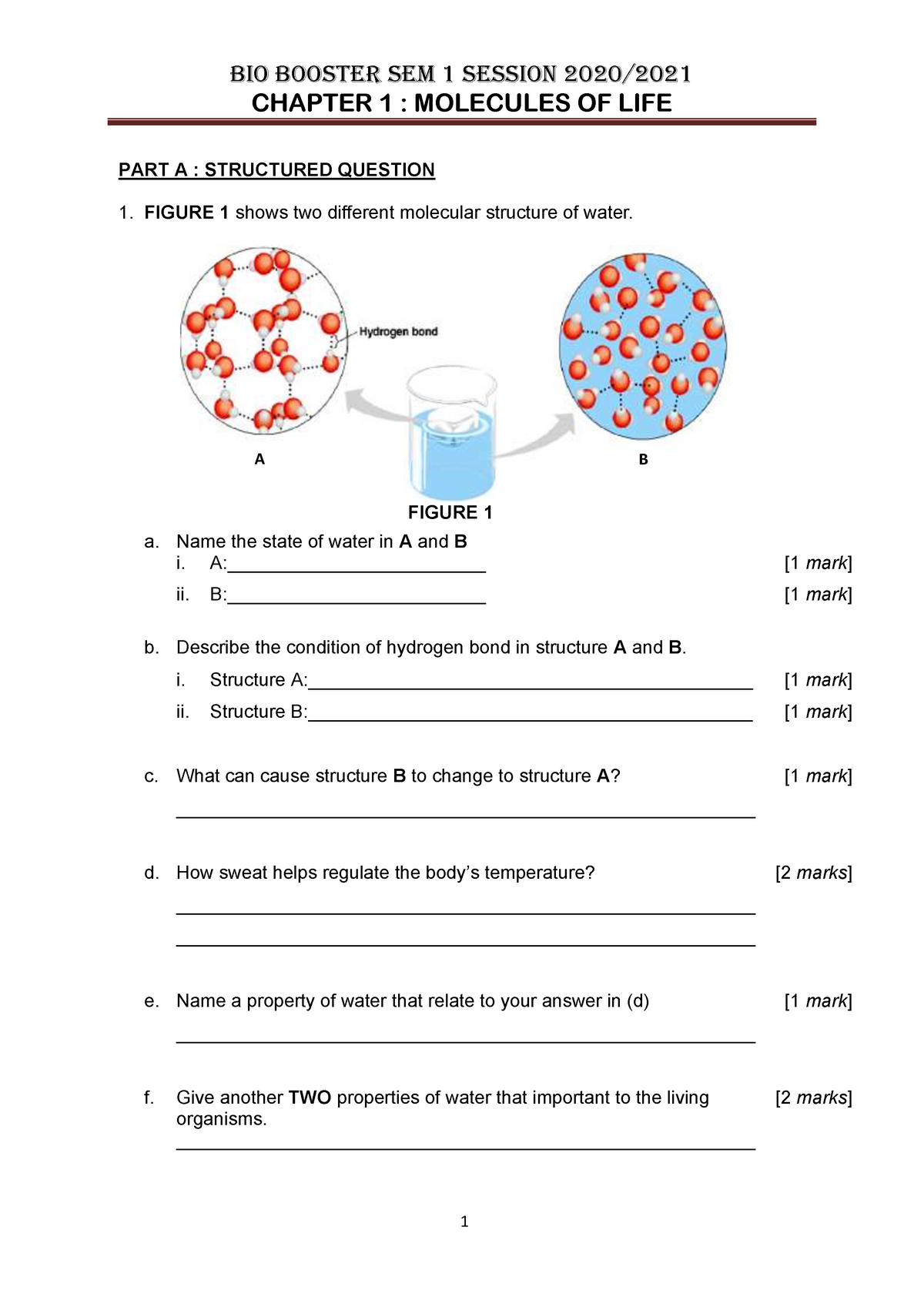 Exercise Chapter 1 Biology - BIO BOOSTER SEM 1 SESSION 2020/ CHAPTER 1 ...