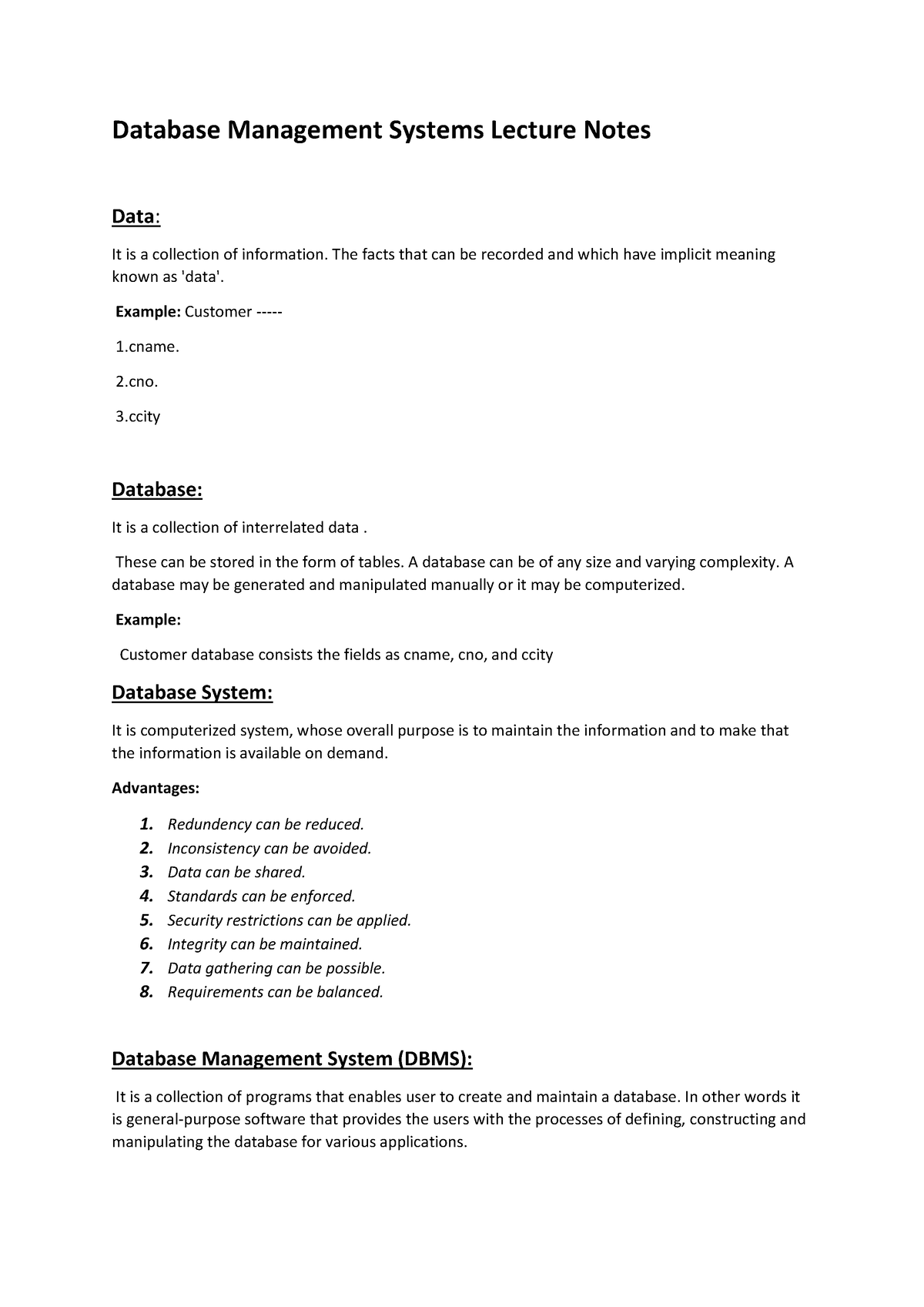 Dbms Lecture Notes 01 - Database Management Systems Lecture Notes Data ...