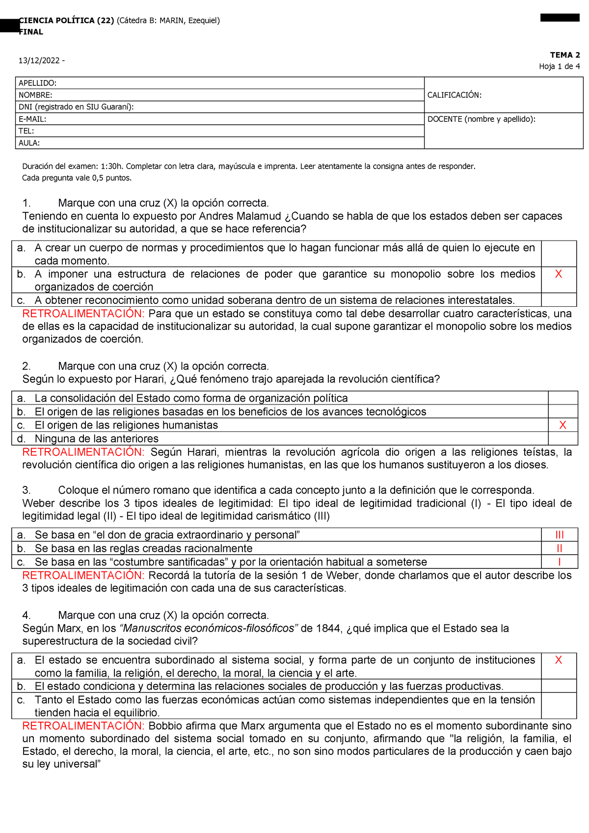 Finales Diciembre Con Claves De Correccion T2 - CIENCIA POLÕTICA (22 ...