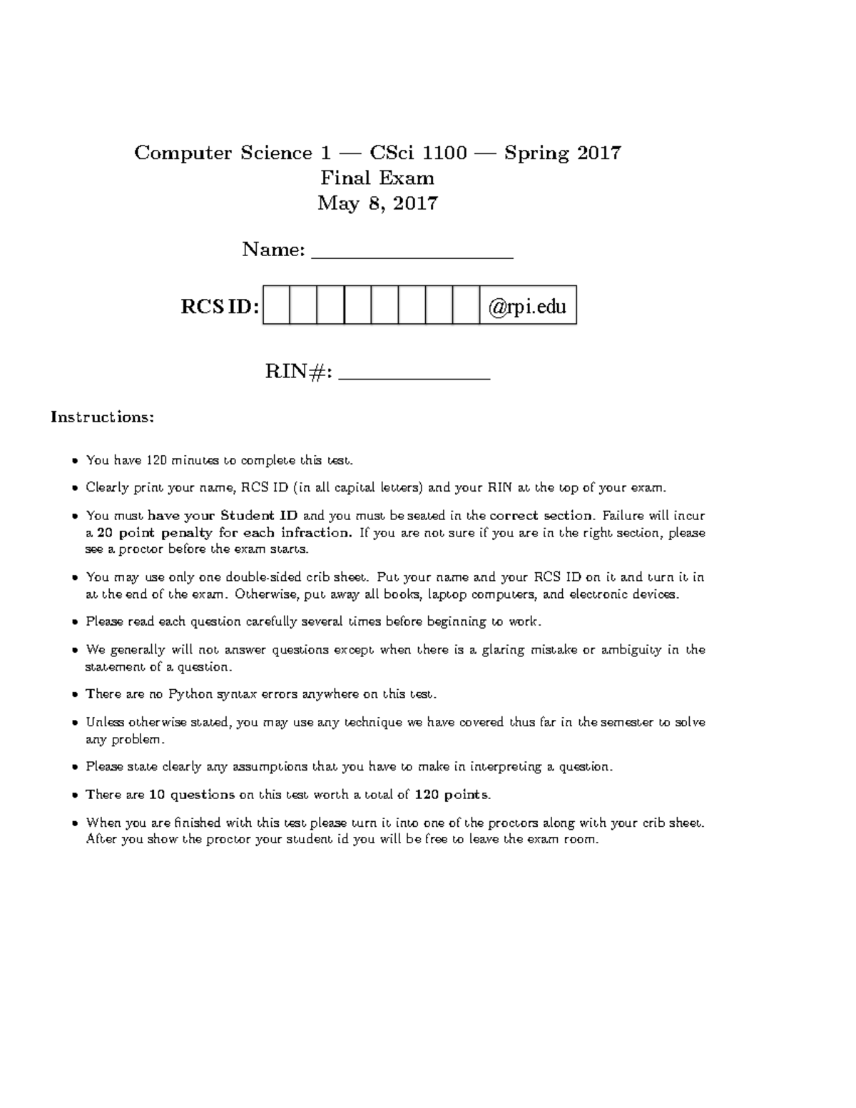 Final Spring 2017 - Computer Science 1 — CSci 1100 — Spring 2017 Final ...