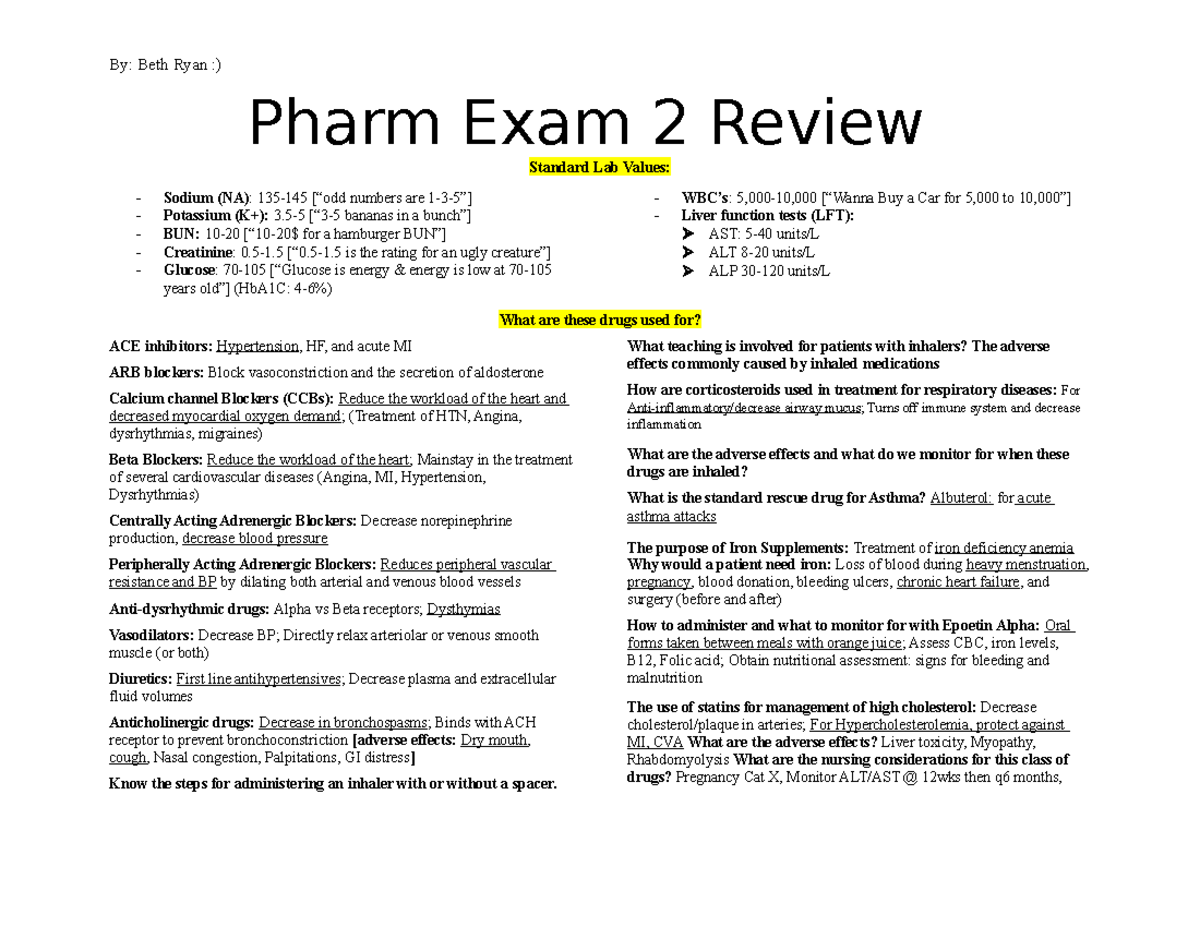 Exam 2 Pharm Drugs - Pharm Exam 2 Review Standard Lab Values: Sodium ...