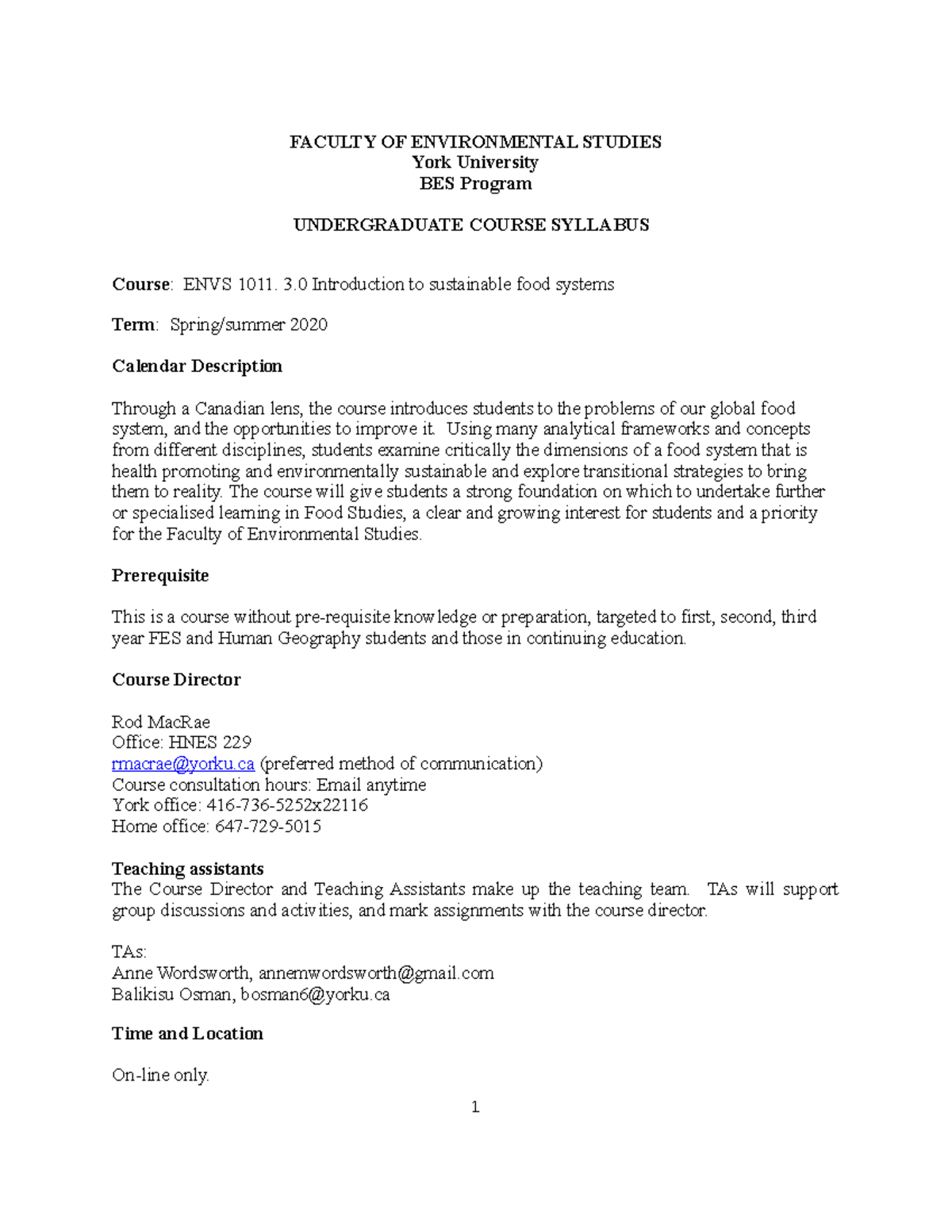 1011 Syllabus spring summer 2020 FACULTY OF ENVIRONMENTAL STUDIES