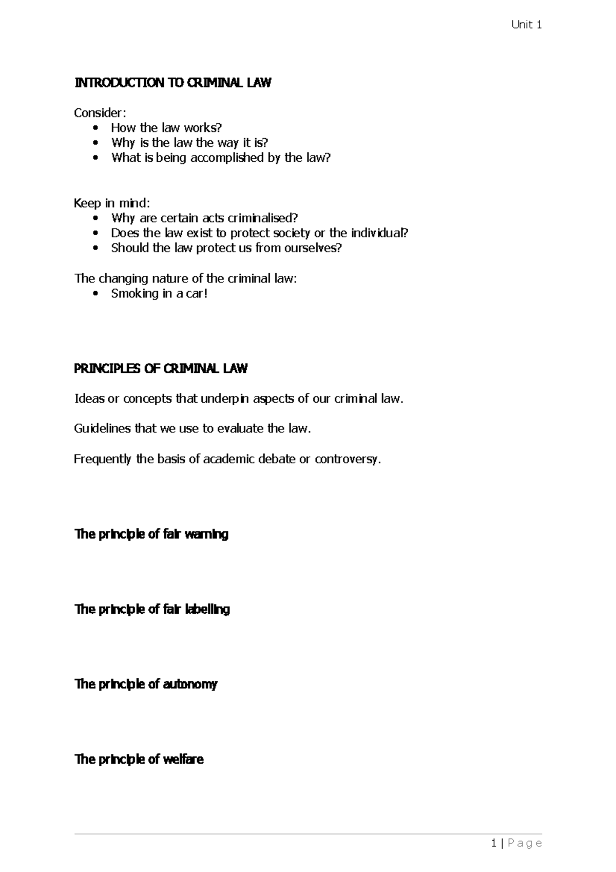 Unit 1 Lecture Handout 1819 - Unit 1 INTRODUCTION TO CRIMINAL LAW ...