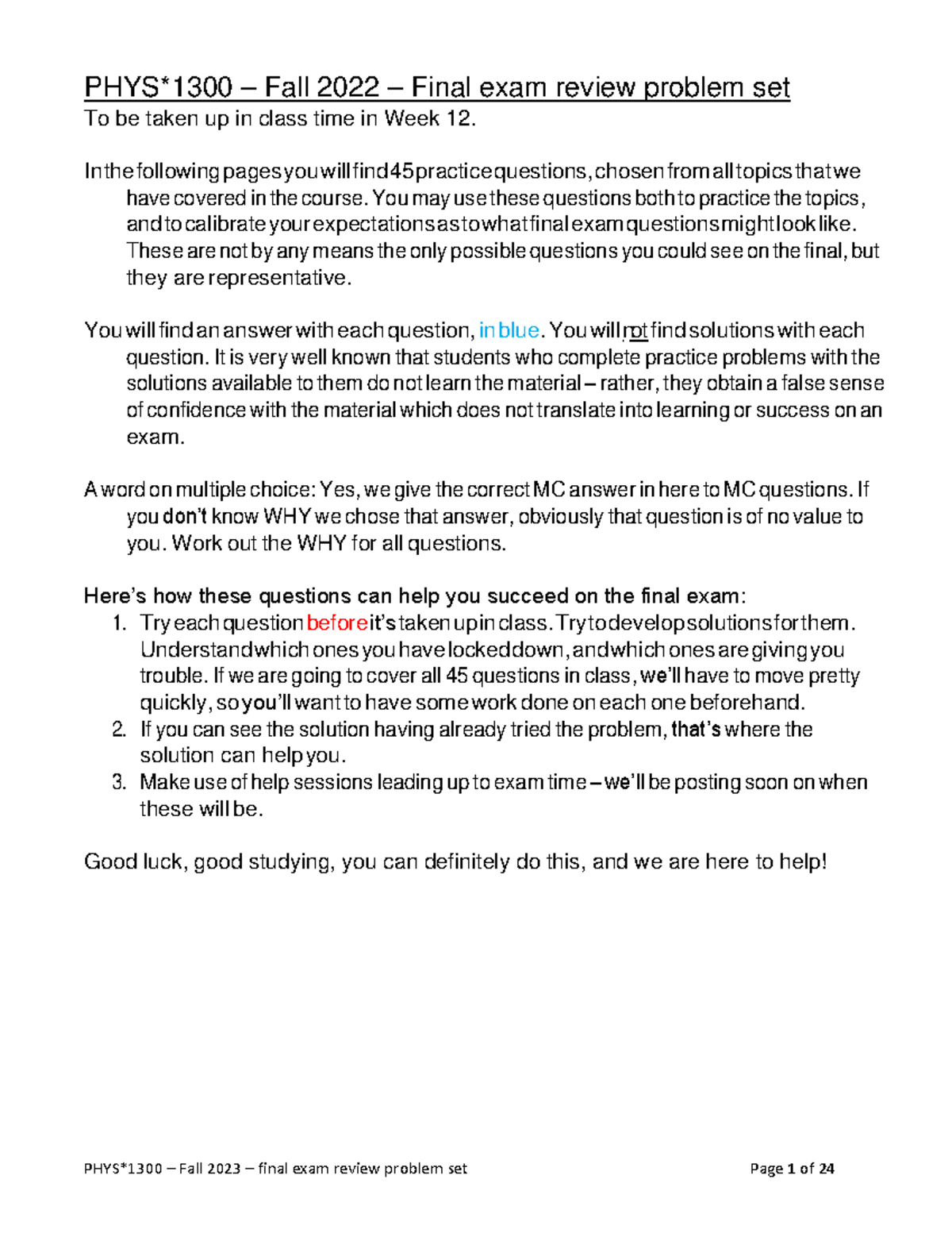 PHYS1300 - Fall 2023 - final review question set for Week 12 - PHYS ...