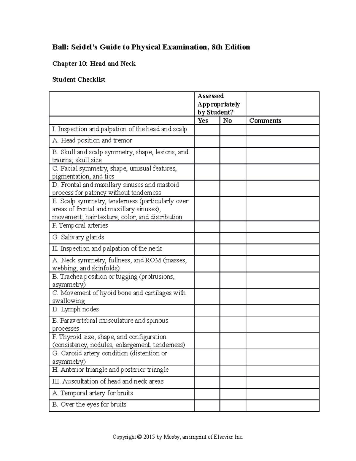 Week 5 Head Neck Student Checklist Ball Seidel’s Guide to Physical