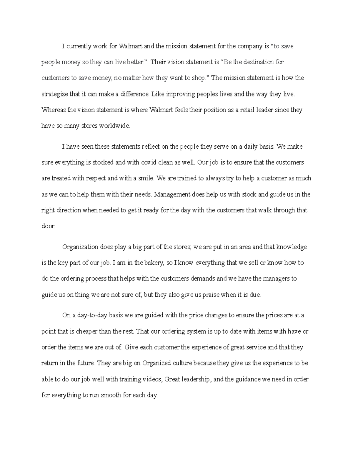 BUS 210 Assignment 4 Michele b I currently work for Walmart and