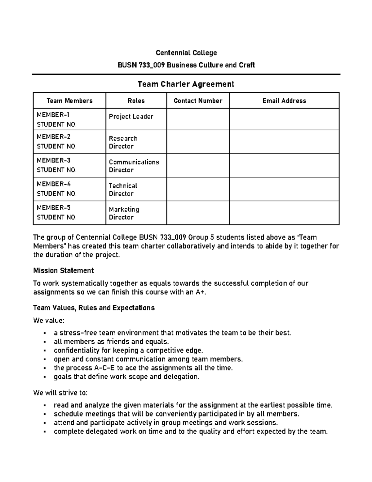BUSN 733 Team Charter Agreement - Centennial College BUSN 733_009 ...