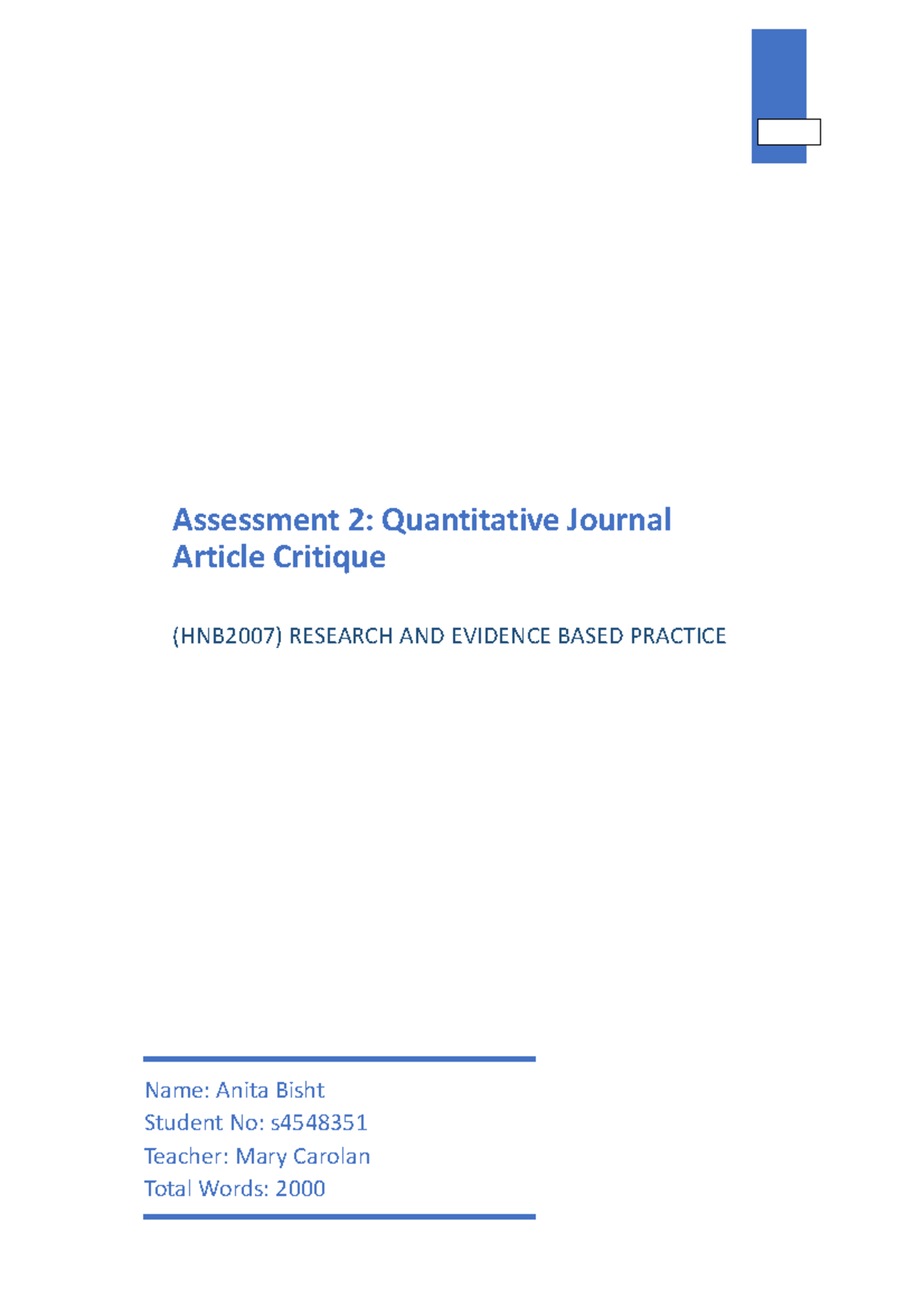 Assessment 2-Journal Critique - Assessment 2: Quantitative Journal ...