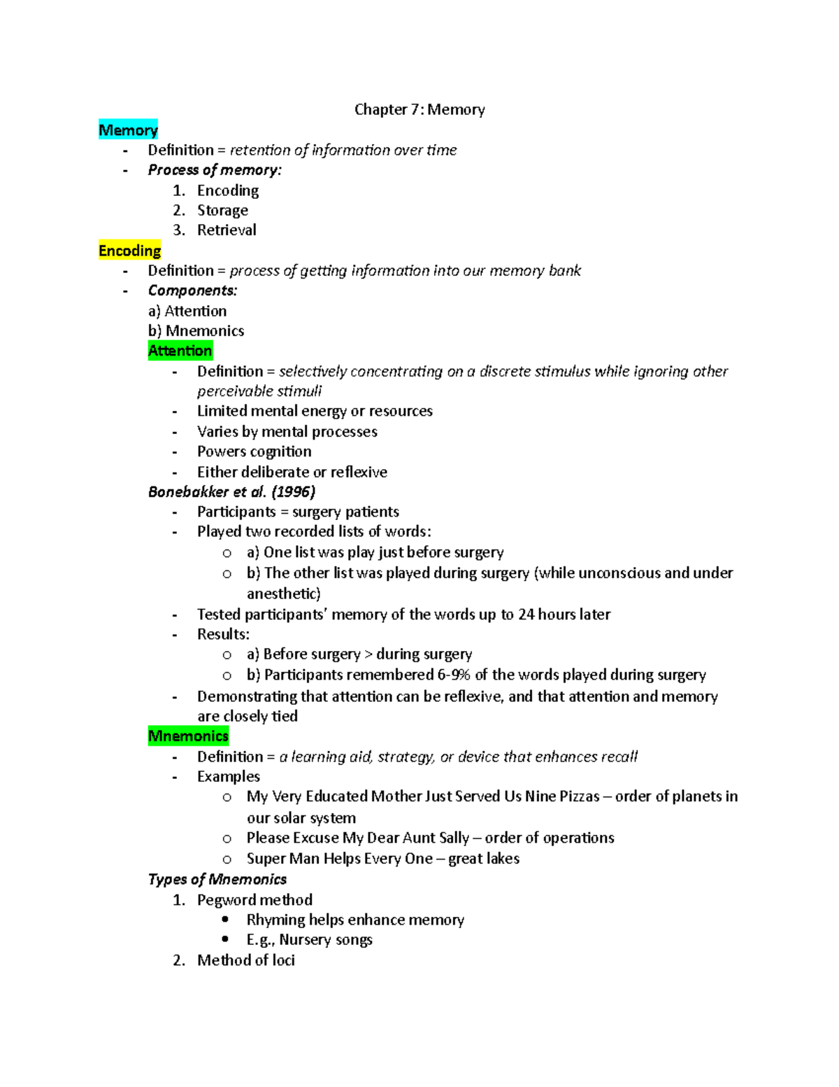 Chapter 7 - Lecture Notes 7 - Chapter 7: Memory Memory - Definition ...