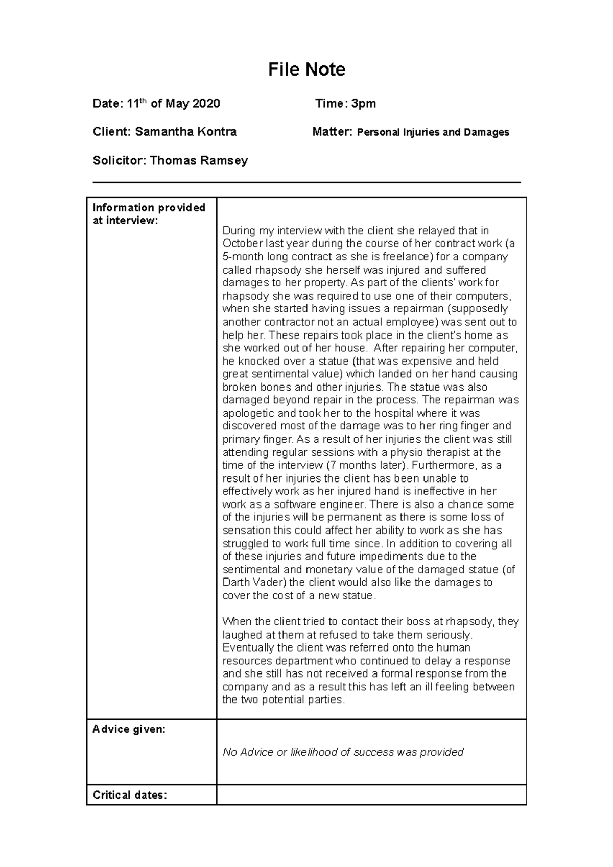 File Note torts 2 - File Note Date: 11th of May 2020 Time: 3pm Client ...