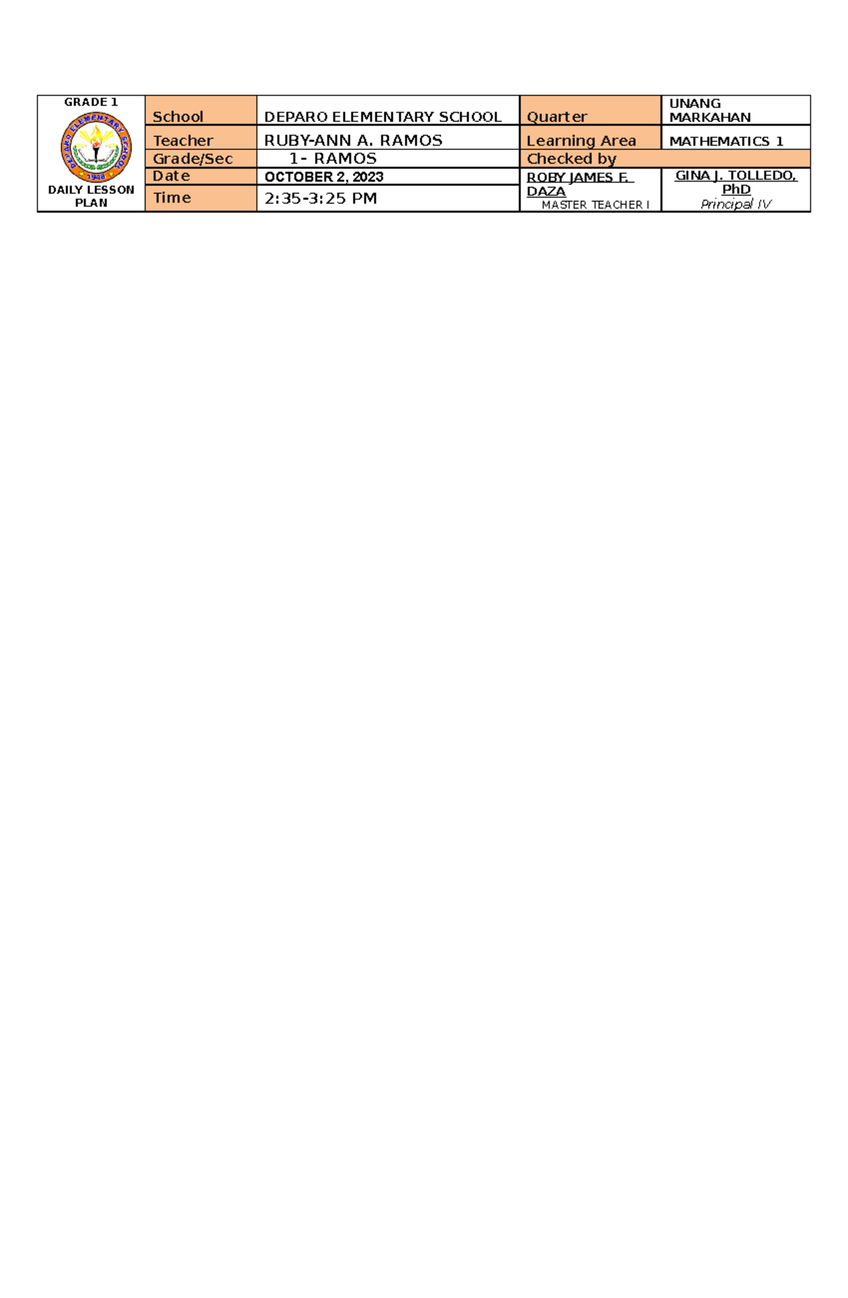 MATH-Q1W6D1-OCT - THISIS A SAMPLE LESSON PLAN IN MATH - GRADE 1 DAILY ...