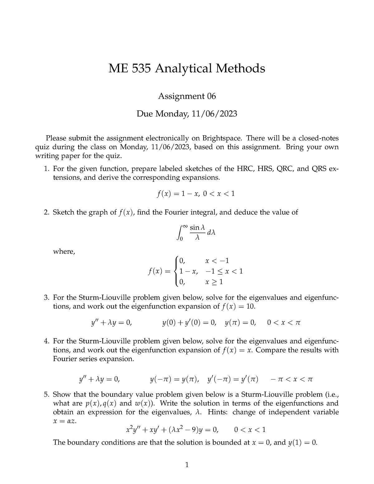 Hw06535 Hw Handout Me 535 Analytical Methods Assignment 06 Due Monday 1106 Please Submit 3861