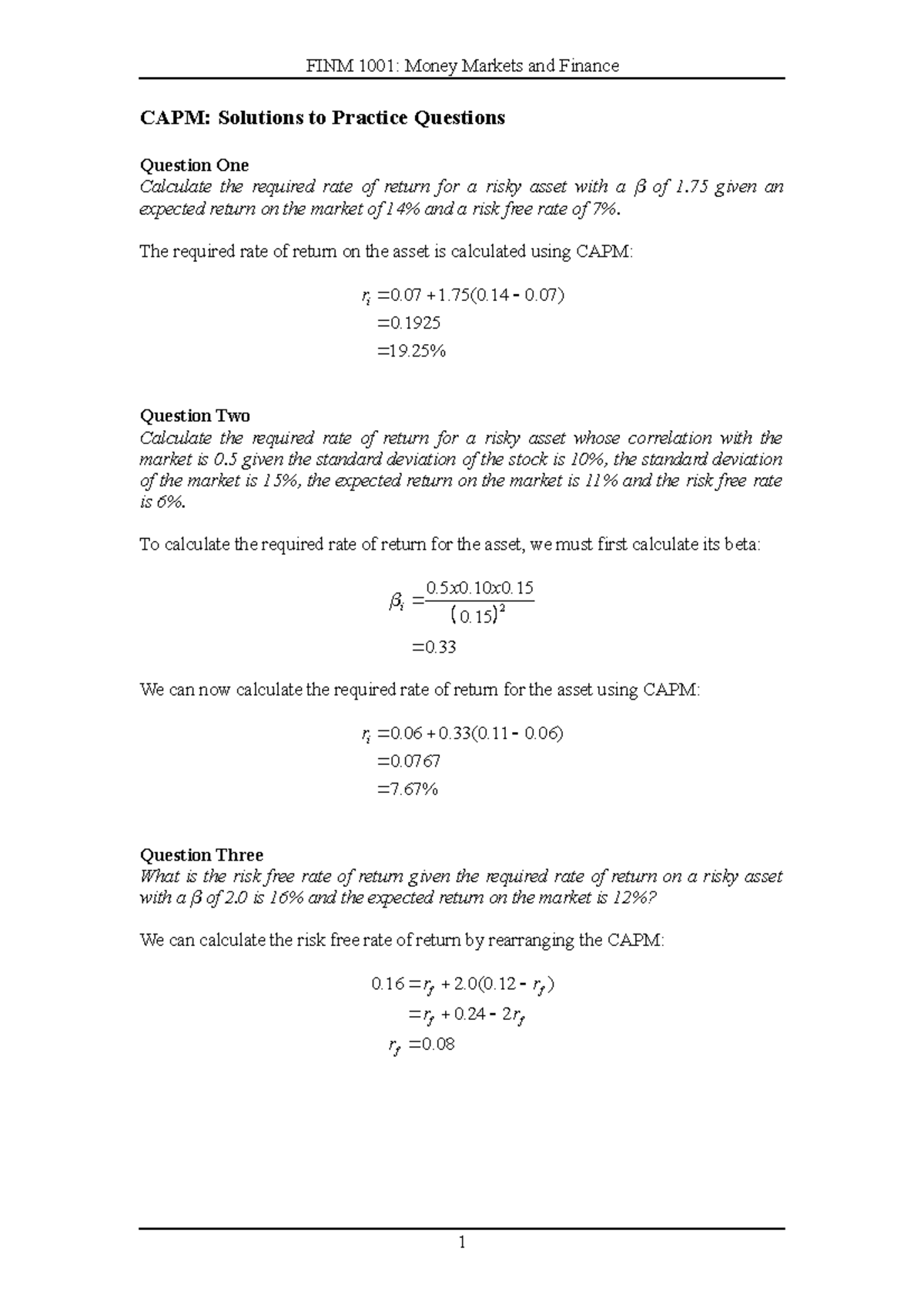 CAPM Solutions To Practice Questions - FINM 1001: Money Markets And ...