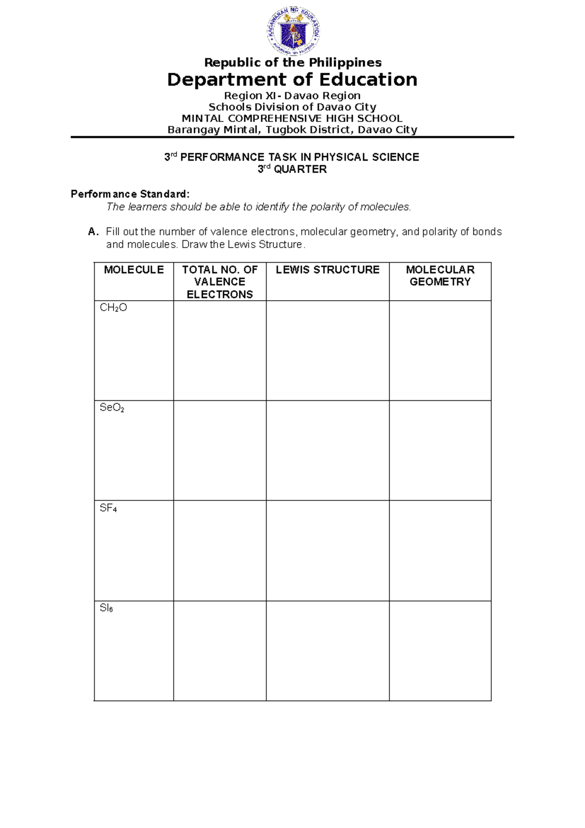 3rd Performance TASK Q3 PS - Republic of the Philippines Department of ...