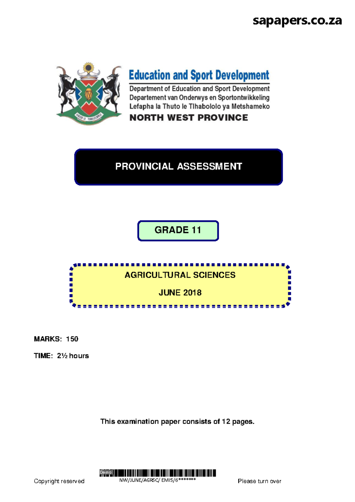 Agricultural Sciences GR11 Question Paper - Demo MARKS: 150 TIME: 2½ ...