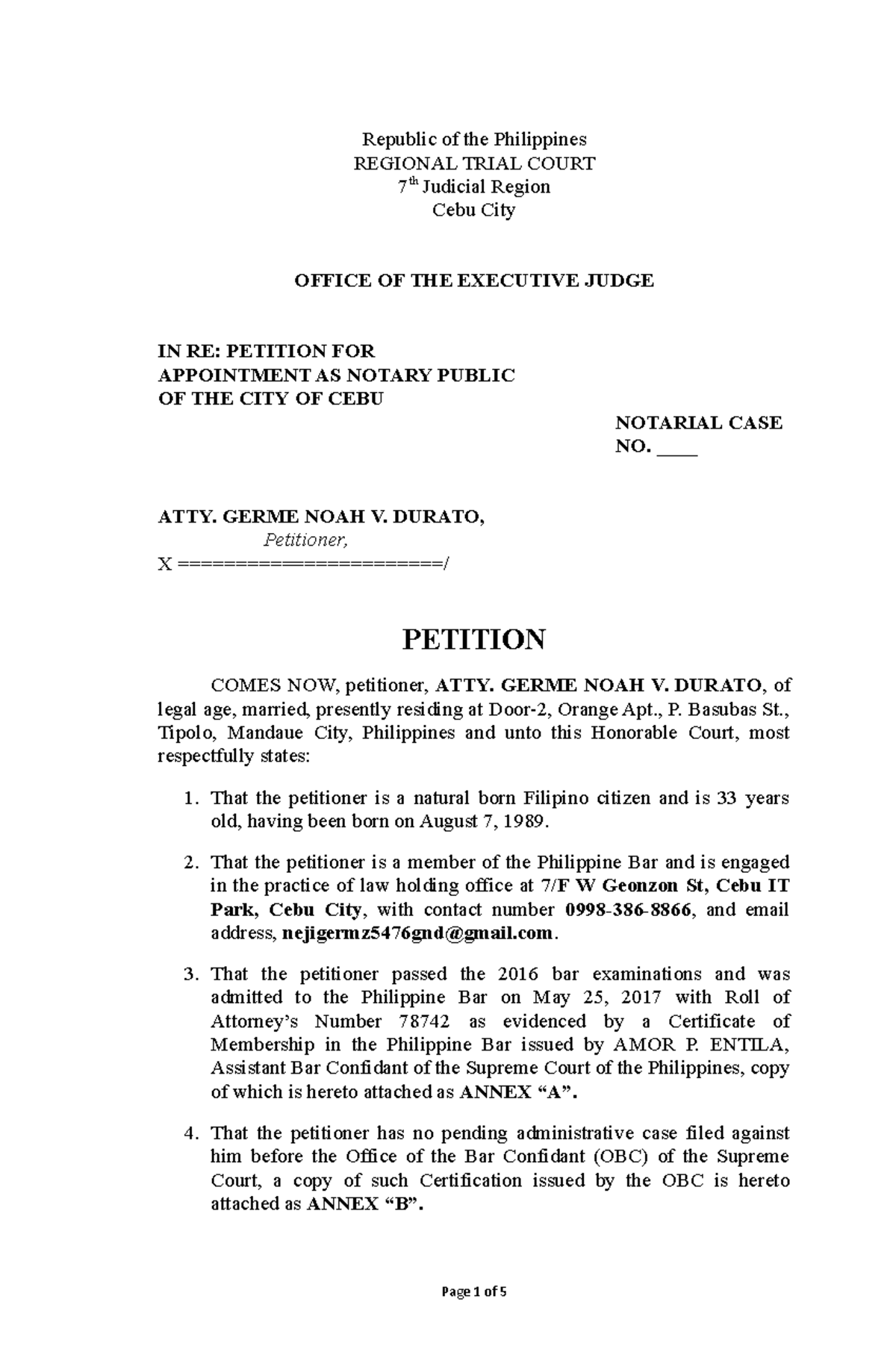 Petition for Appointment as Notary Public Republic of the Philippines