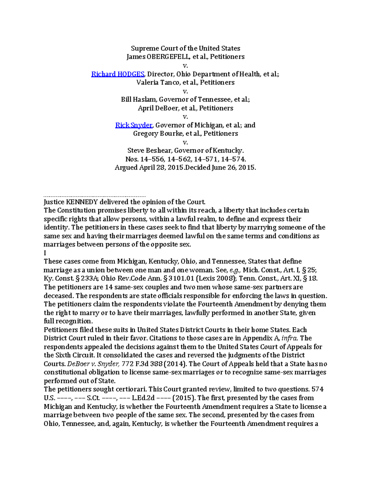 Obergefell V. Hodges - Supreme Court Of The United States James ...