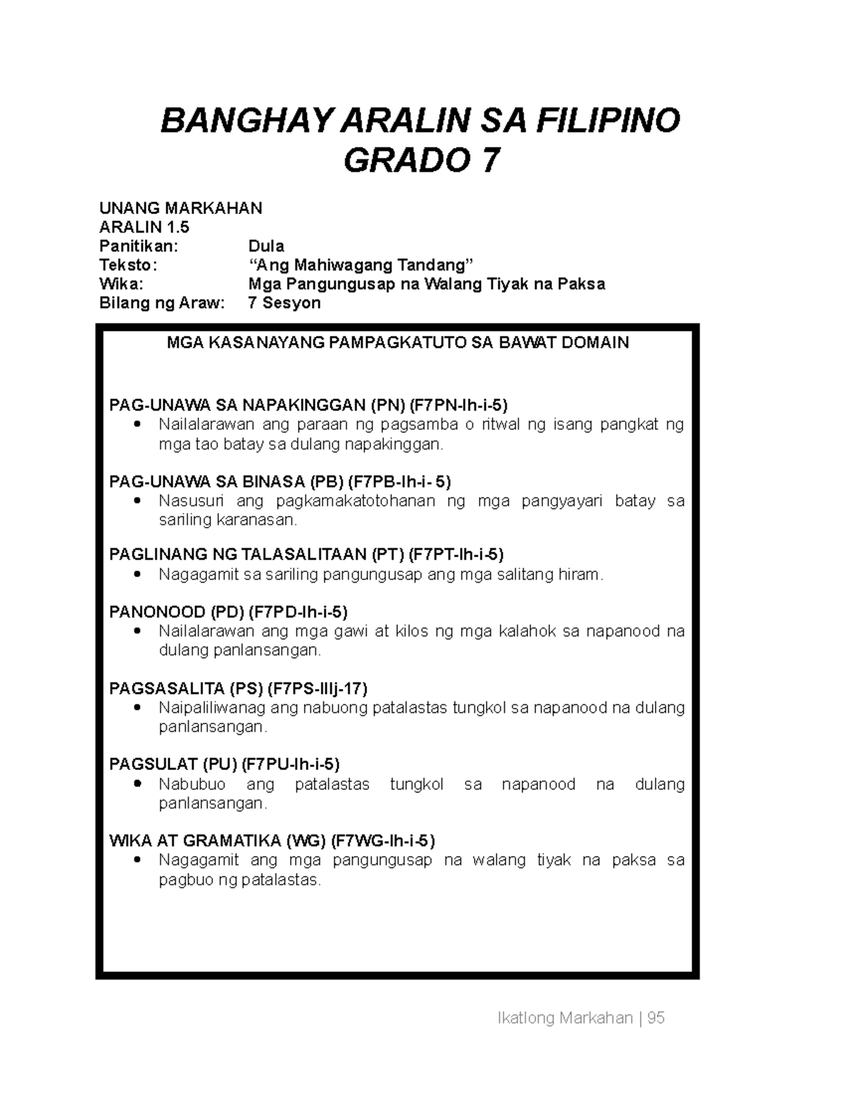 Instructional Materials Banghay Aralin Sa Filipino Grado Unang My XXX