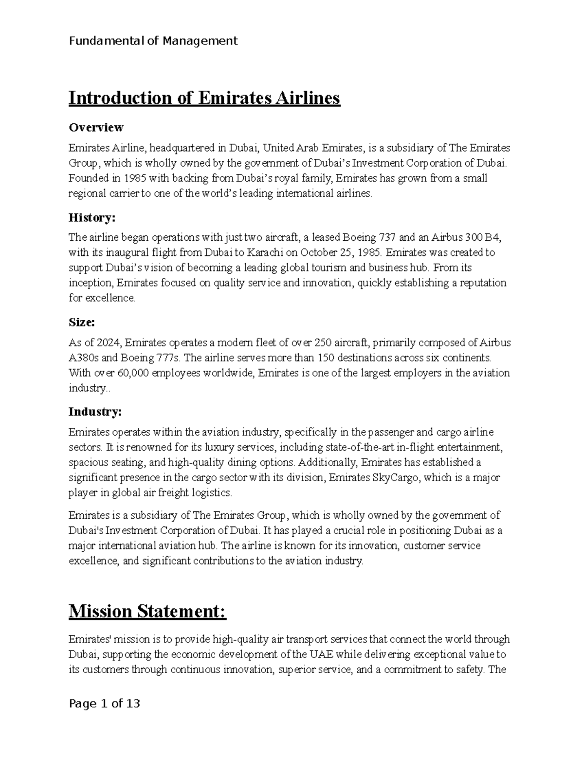 Management report - Jjsjs - Introduction of Emirates Airlines Overview ...