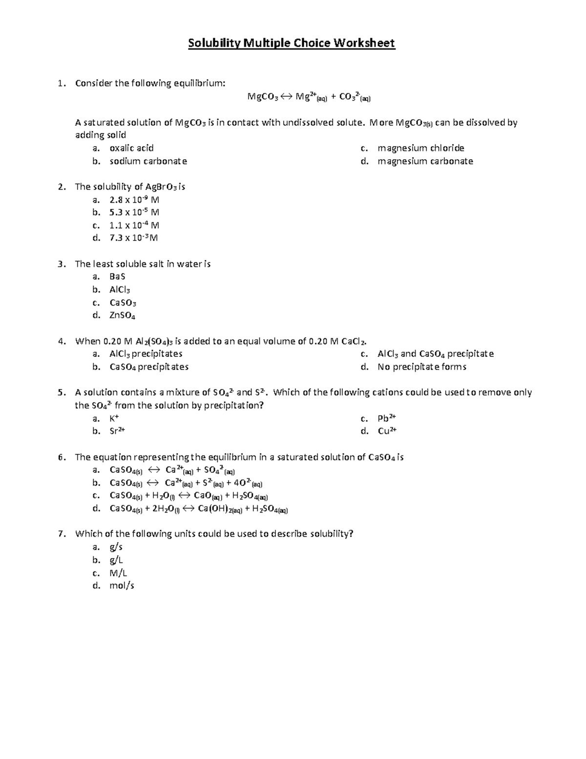 06 Solubility Multiple Choice Worksheet - Solubility Multiple Choice ...