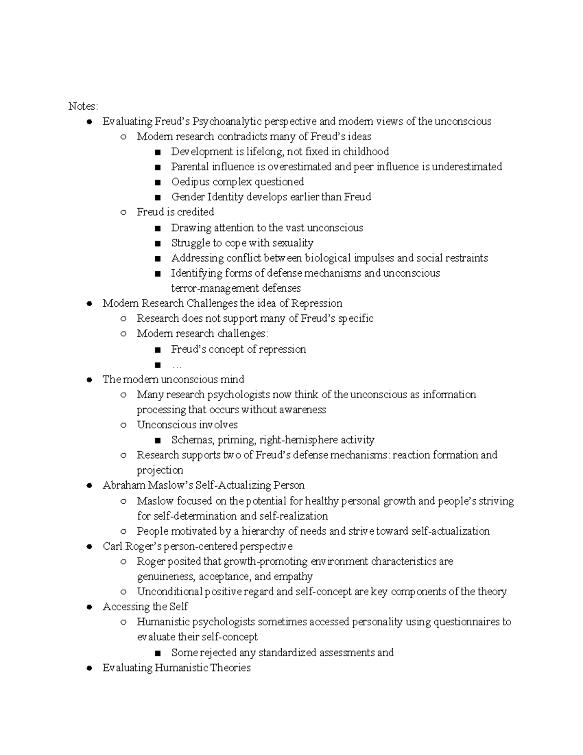 Psy Notes 11-05 - Notes: Evaluating Freud’s Psychoanalytic perspective ...