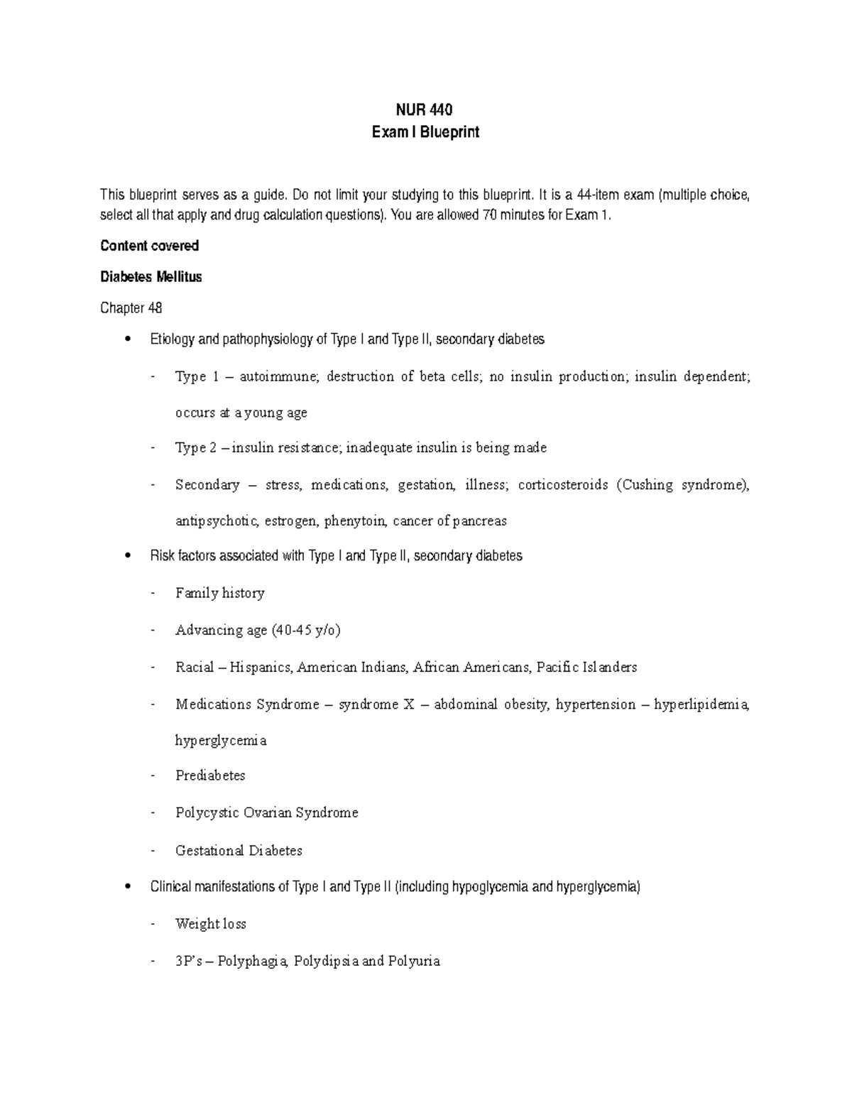 NUR 440 Unit 1 Exam Blueprint Fall 2020 - NUR 440 Exam I Blueprint This ...