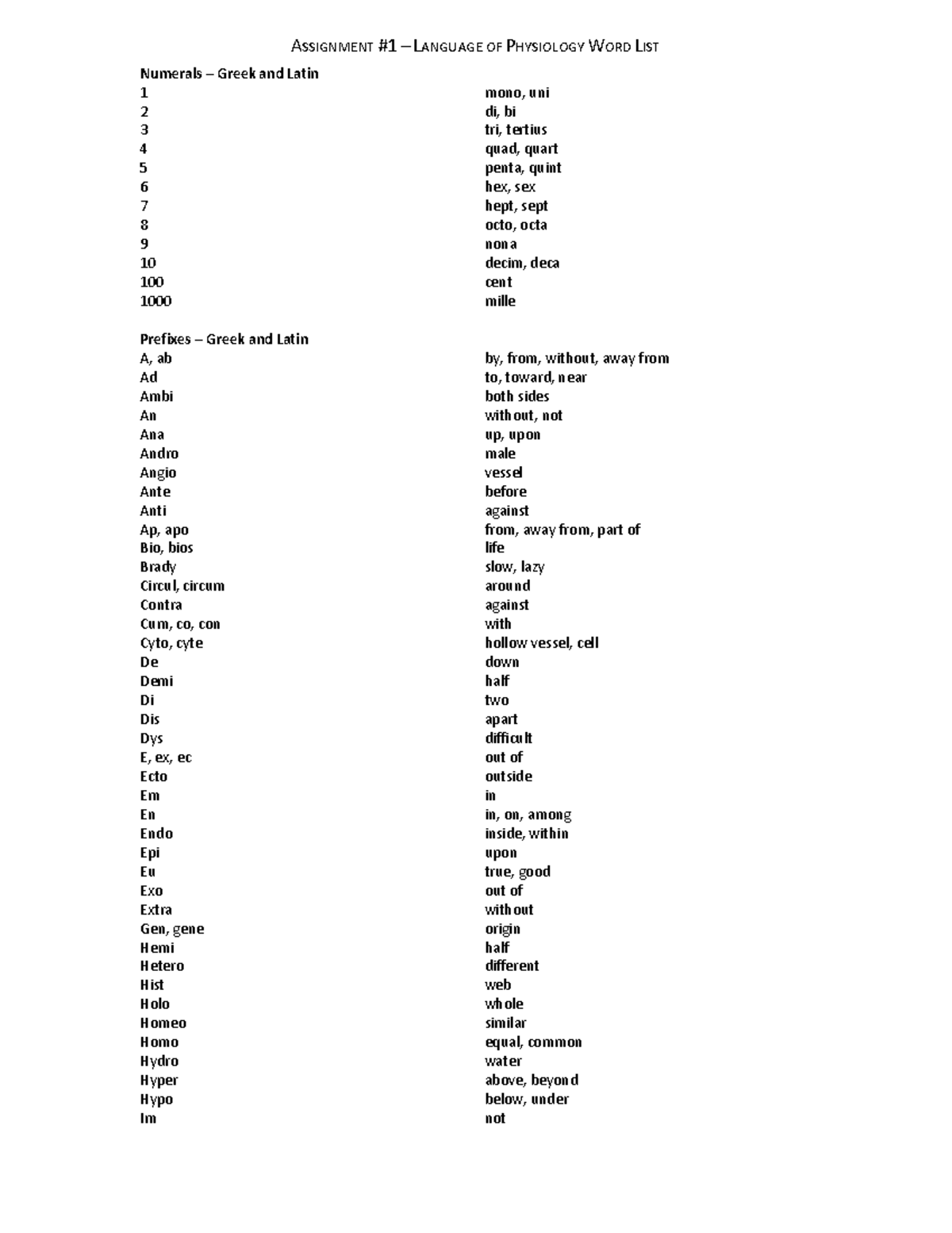 Biol273 assignment 1 root words list - Numerals – Greek and Latin 1 ...