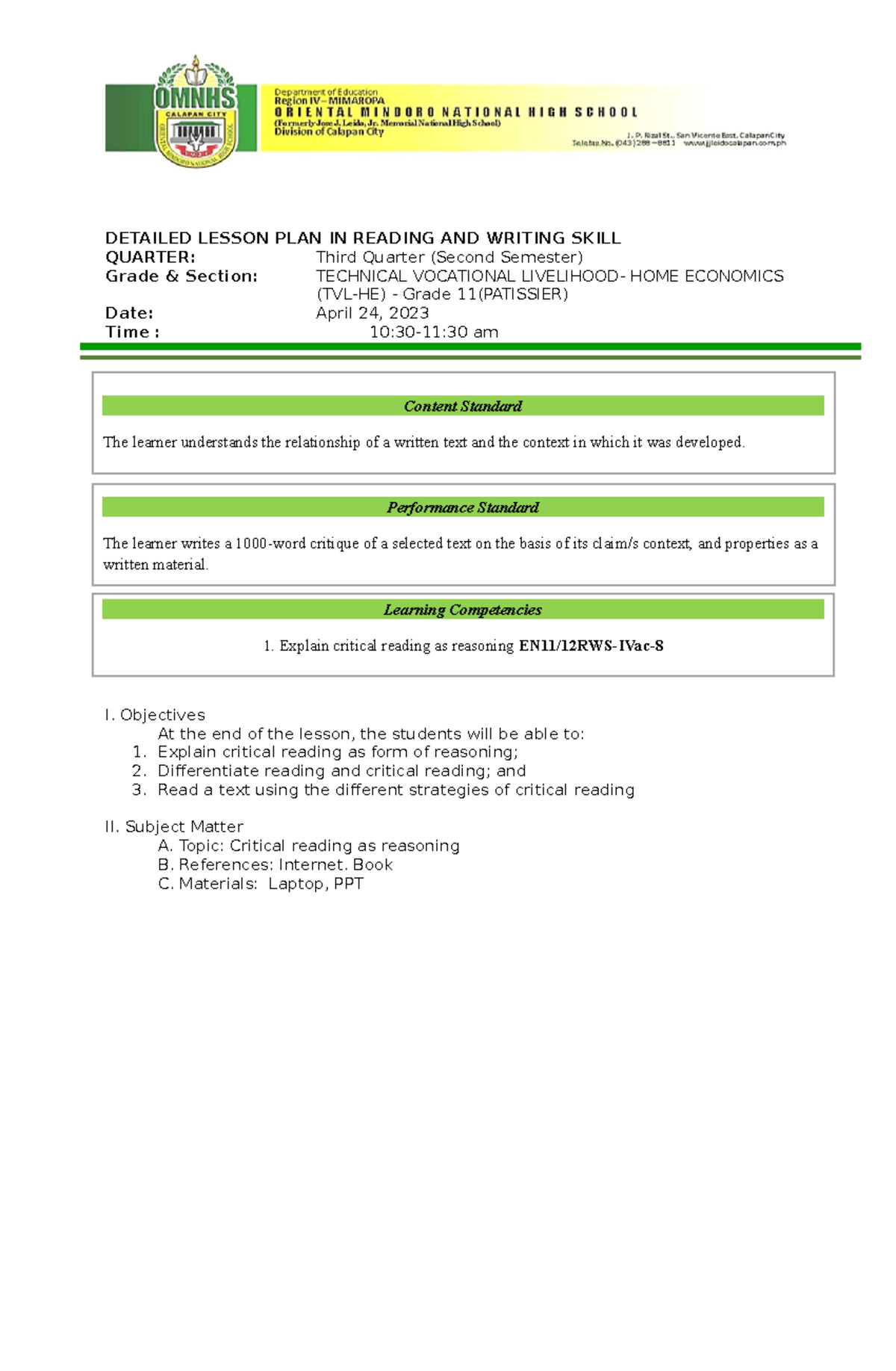DLP7 DETAILED LESSON PLAN DETAILED LESSON PLAN IN READING AND