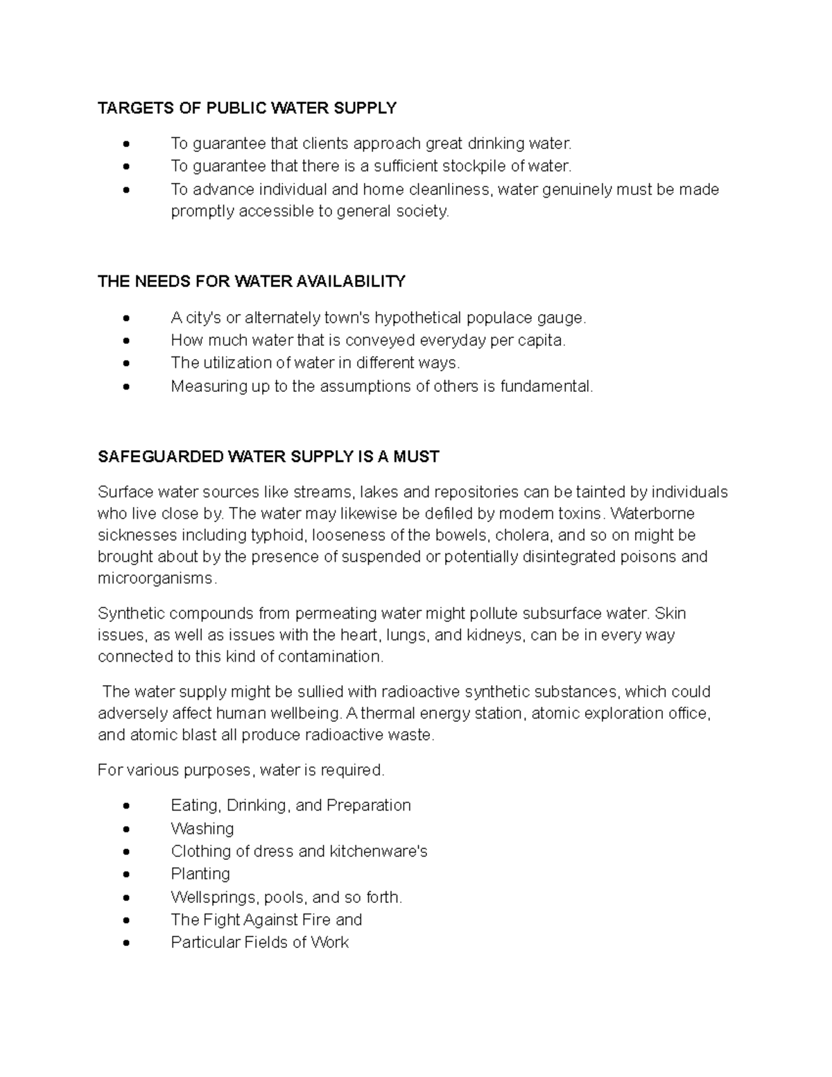 Targets OF Public Water Supply TARGETS OF PUBLIC WATER SUPPLY To