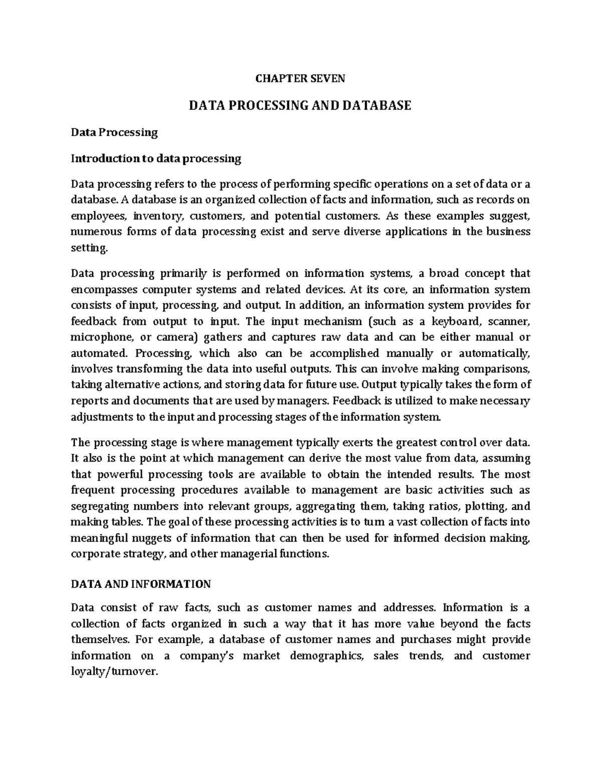 Data Processing and Database - summary notes - CHAPTER SEVEN DATA ...