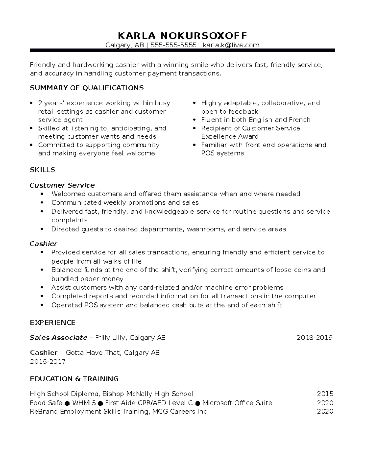 Karla Noc resume - KARLA NOKURSOXOFF Calgary, AB | 555-555-5555 | karla ...