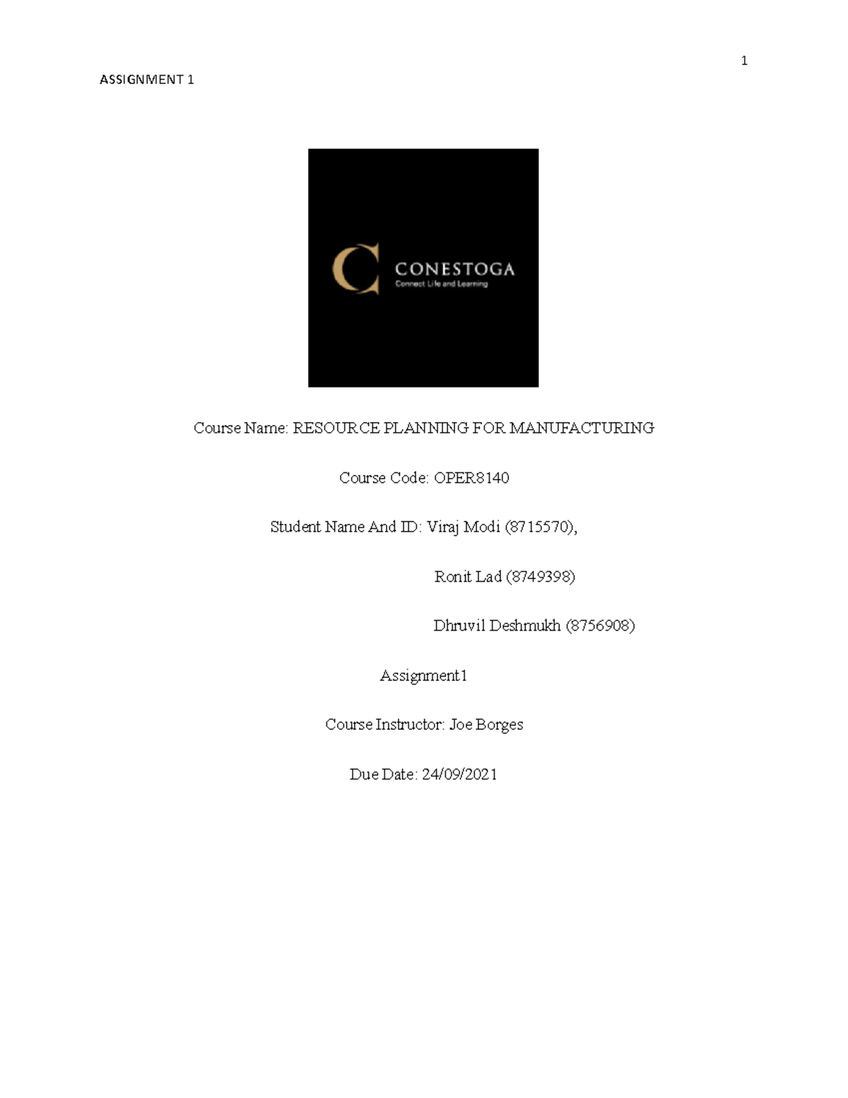 Assignment 1 group 4 - coursework - Course Name: RESOURCE PLANNING FOR ...