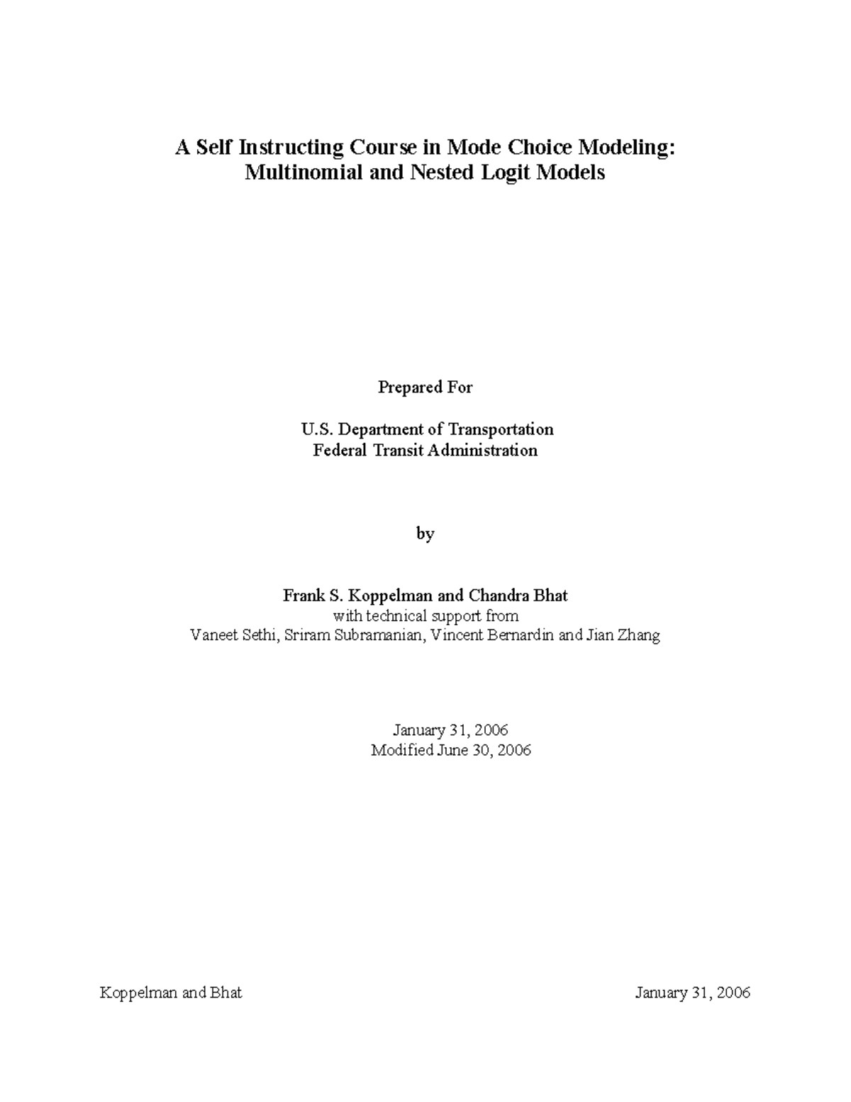 A Self Instructing Course In Mode Choice Modeling - Multinomial And 