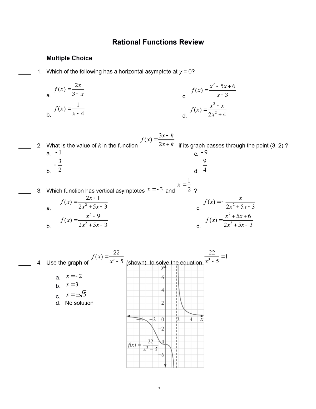 Rational Functions Practice Test - Rational Functions Review Multiple 