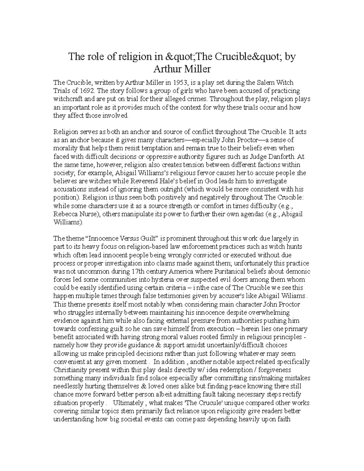 American literature The role of religion in "The Crucible" by Arthur