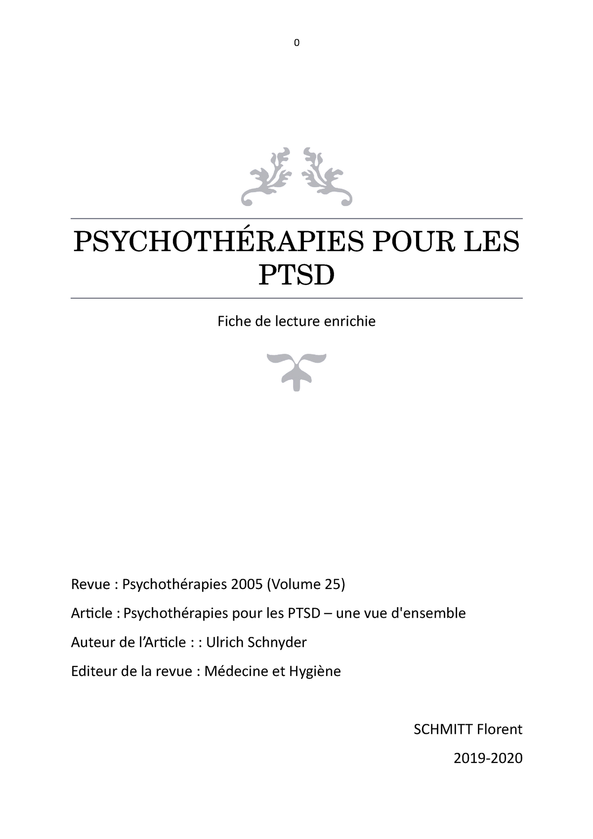 Fiche Lecture Schmitt Florent Mtu Psychotherapies Pour Les Ptsd Fiche De Lecture Enrichie Revue Studocu