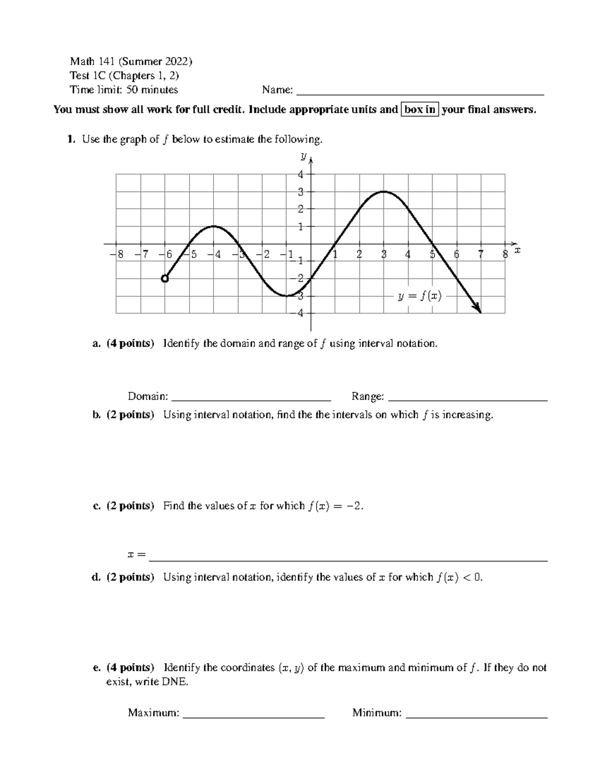 MATH141 Test1 - Test 1 - Math 141 (Summer 2022) Test 1C (Chapters 1, 2 ...