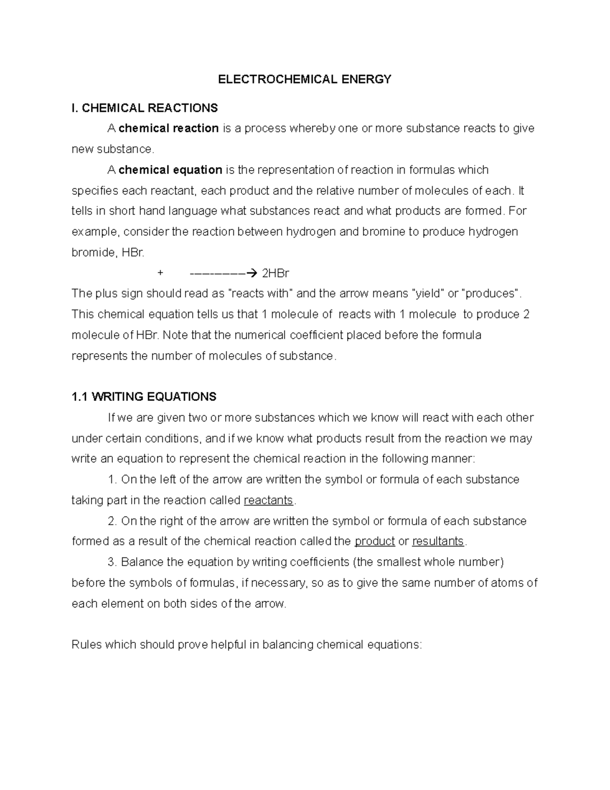 Module 2 Electrochemical Energy ELECTROCHEMICAL ENERGY I. CHEMICAL REACTIONS A chemical